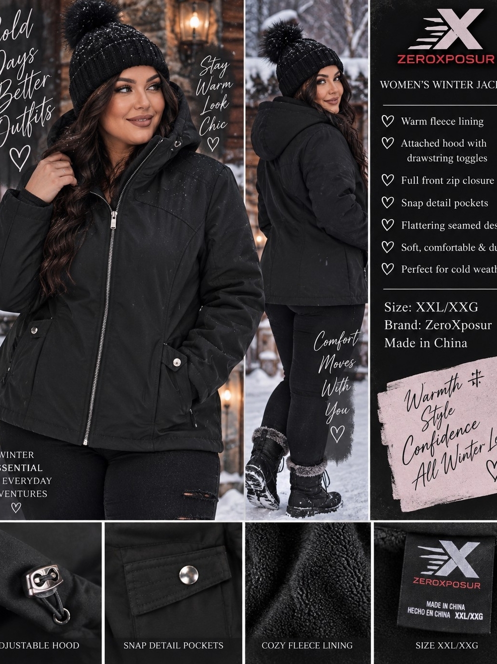 ZeroXposur Women's Black Fleece-Lined Winter Jacket